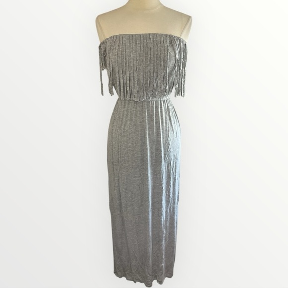 NEW‼️POL Gray Jersey Knit Strapless Maxi Dress with‎ Fringe Detail, Small - Picture 1 of 7